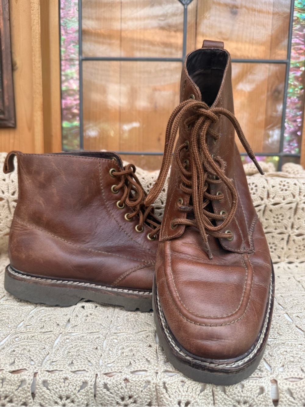 Express Brown Leather Apron Toe Lace Up Boots Size Men 8 Women 9.5/10 Heritage